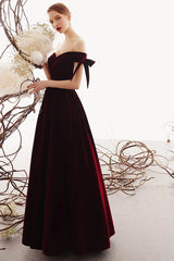 A-Line Velvet Burgundy Long Prom Dresses, Elegant Off-The-Shoulder Evening Dress