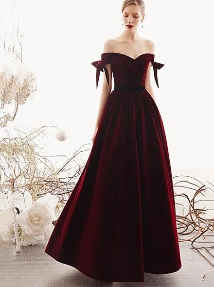 A-Line Velvet Burgundy Long Prom Dresses, Elegant Off-The-Shoulder Evening Dress