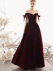 A-Line Velvet Burgundy Long Prom Dresses, Elegant Off-The-Shoulder Evening Dress