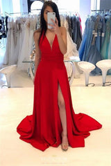 A-Line V-Neck Red Simple Long Prom Dress, Red Satin Evening Gown with Slit