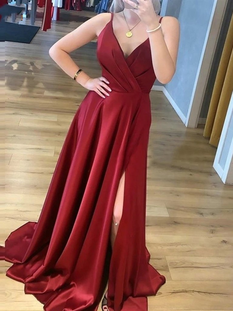A-Line V-Neck Burgundy Long Prom Dress, Satin Formal Evening Dress