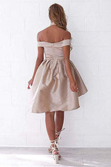 A-Line Off-Shoulder Satin Asymmetrical High-Low Prom Dress with Pleats