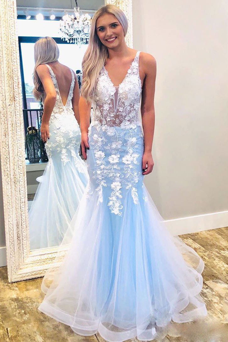 Sky Blue Mermaid V-Neck Prom Dresses with Lace Appliques