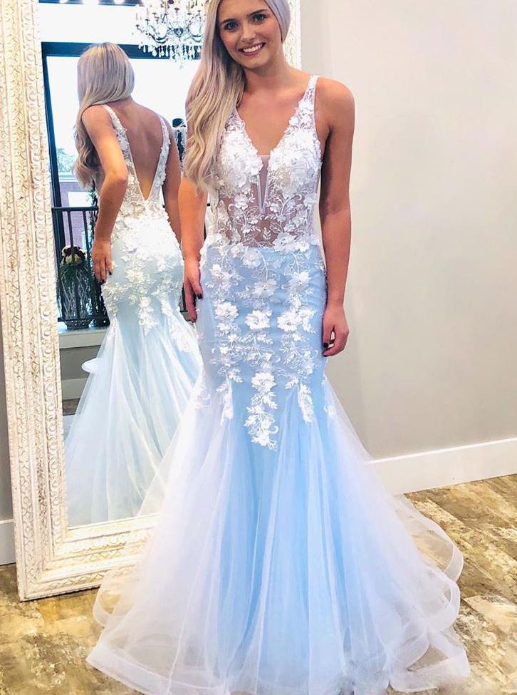 Sky Blue Mermaid V-Neck Prom Dresses with Lace Appliques