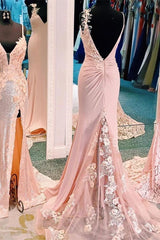 Mermaid V-Neck Spaghetti Straps Long Prom Dresses, Appliques Party Dress