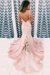 Mermaid V-Neck Spaghetti Straps Long Prom Dresses, Appliques Party Dress