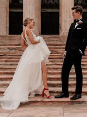 Boho V-Neck Lace Top Backless Tulle Wedding Dress