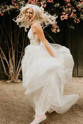 A-Line V-Neck See-Through Tulle Boho Wedding Dress