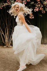 A-Line V-Neck See-Through Tulle Boho Wedding Dress