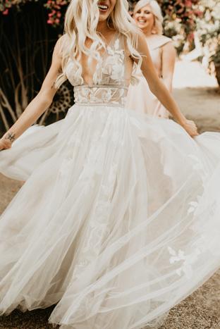 A-Line V-Neck See-Through Tulle Boho Wedding Dress