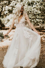 A-Line V-Neck See-Through Tulle Boho Wedding Dress