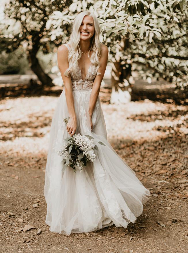 A-Line V-Neck See-Through Tulle Boho Wedding Dress