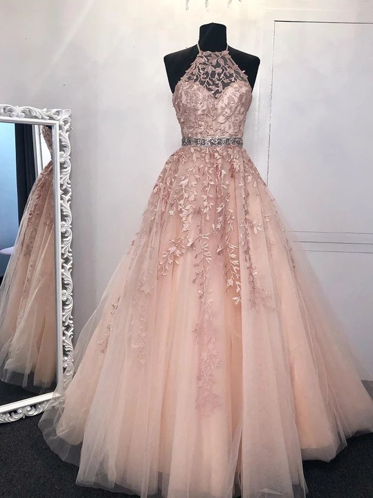 High Neck Lace Appliques Prom Dresses, Long Evening Graduation Dresses