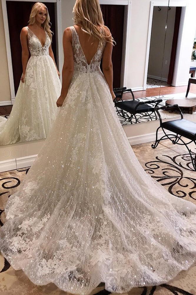 A-Line Deep V-Neck Sparkle Wedding Dress with Appliques