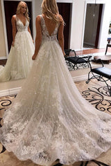 A-Line Deep V-Neck Sparkle Wedding Dress with Appliques