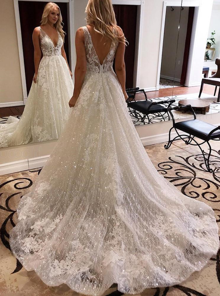 A-Line Deep V-Neck Sparkle Wedding Dress with Appliques