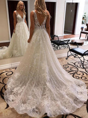 A-Line Deep V-Neck Sparkle Wedding Dress with Appliques