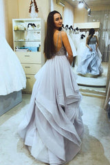 Square Neck Tulle Ruffled A-Line Long Prom Dresses with Beading
