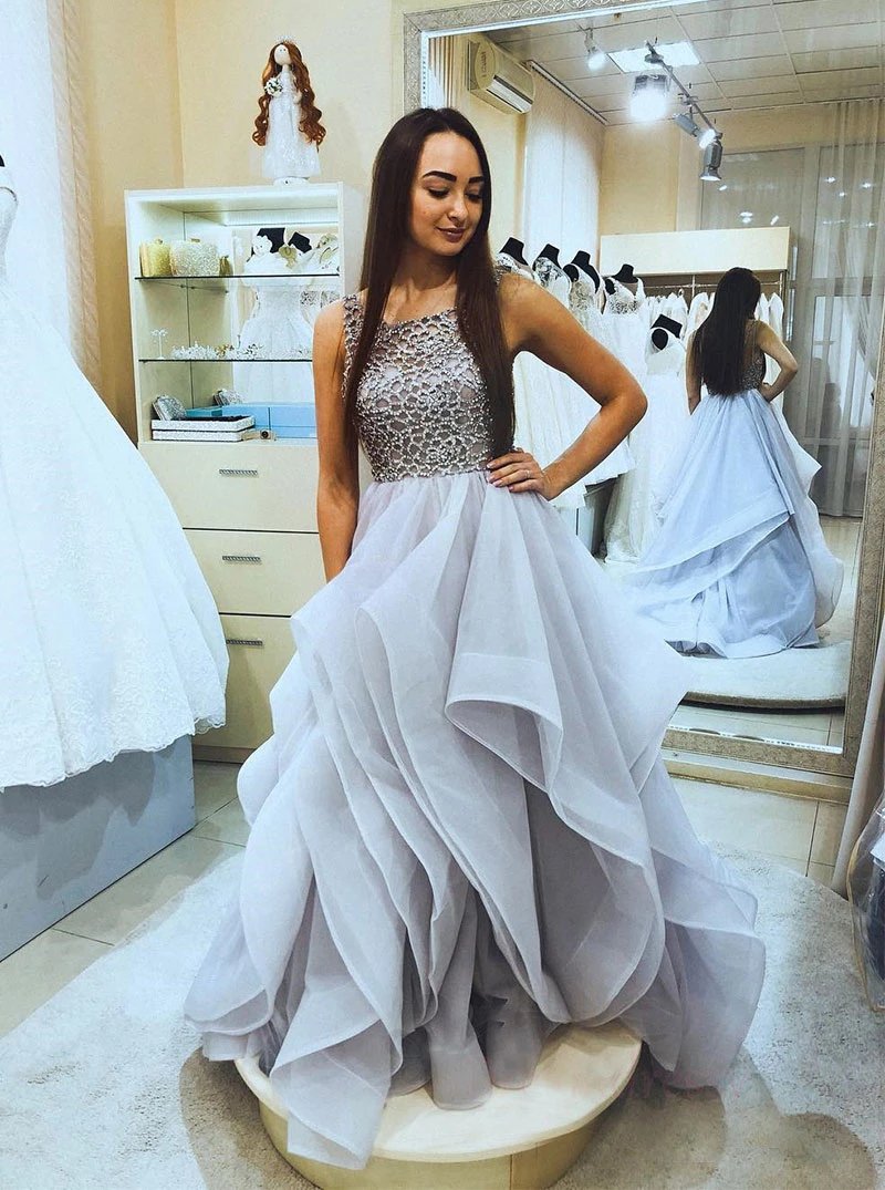 Square Neck Tulle Ruffled A-Line Long Prom Dresses with Beading