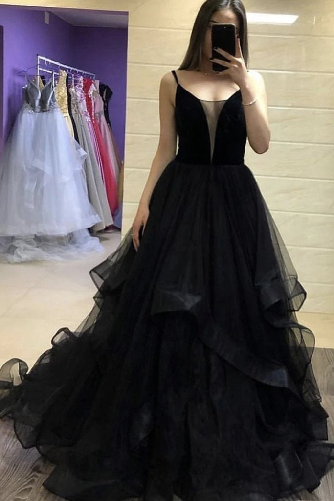 Black Tulle Long Prom Dresses, Black Evening Dress with Ruffles