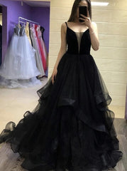 Black Tulle Long Prom Dresses, Black Evening Dress with Ruffles