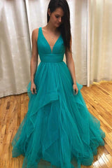 A-Line V-Neck Prom Dresses Backless Tiered Skirt Evening Dress