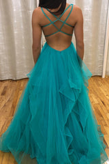 A-Line V-Neck Prom Dresses Backless Tiered Skirt Evening Dress