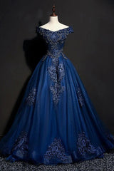 Royal Blue Long Prom Dresses with Lace Appliques, Elegant Off-The-Shoulder Formal Dress
