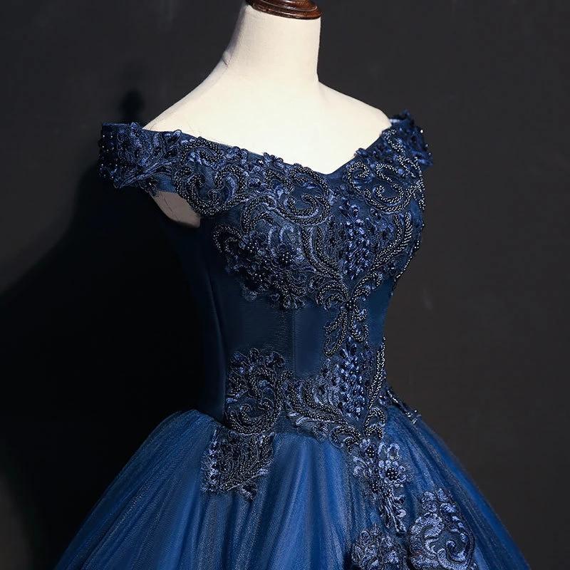 Royal Blue Long Prom Dresses with Lace Appliques, Elegant Off-The-Shoulder Formal Dress