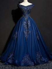 Royal Blue Long Prom Dresses with Lace Appliques, Elegant Off-The-Shoulder Formal Dress