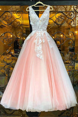 A-Line V-Neck Tulle Appliqued Floor Length Prom Dresses