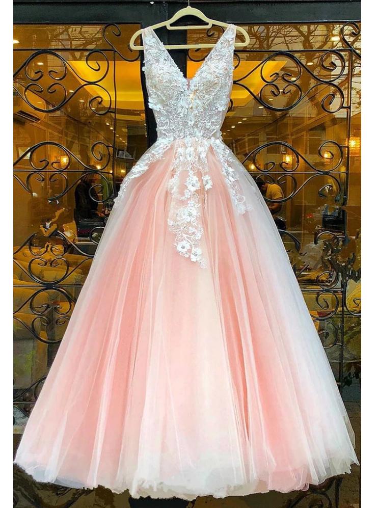 A-Line V-Neck Tulle Appliqued Floor Length Prom Dresses