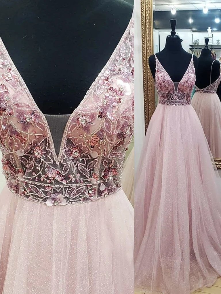 A-Line V-Neck Beaded Tulle Prom Dress, Backless V-Neck Evening Dress