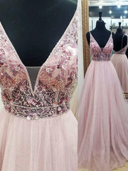 A-Line V-Neck Beaded Tulle Prom Dress, Backless V-Neck Evening Dress