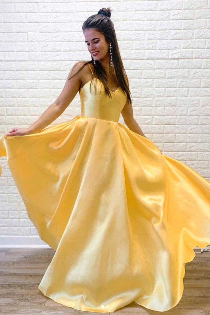 Daffodil A-Line V-Neck Satin Long Prom Dress, Simple Evening Dress