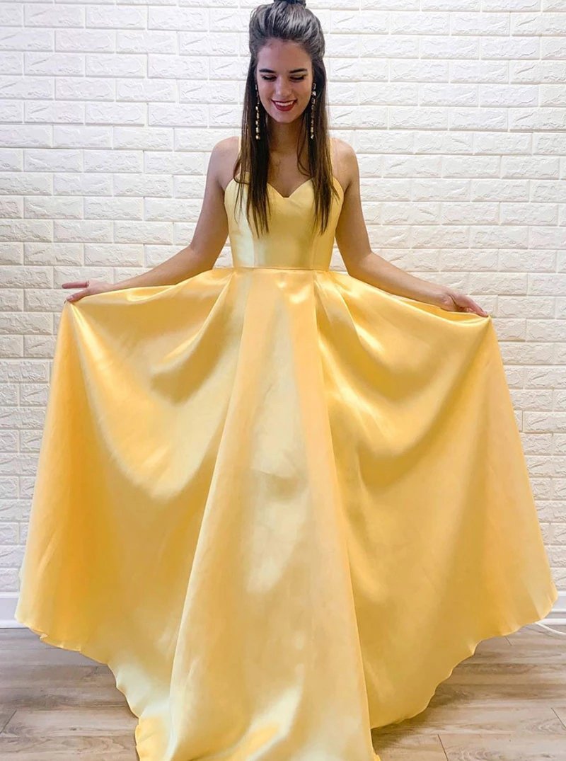 Daffodil A-Line V-Neck Satin Long Prom Dress, Simple Evening Dress