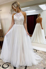 Backless A-Line Halter Tulle Beach Wedding Dress with Lace