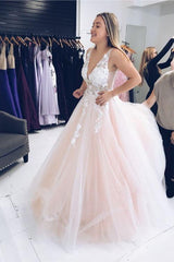 A-Line V-Neck Tulle Long Prom Dresses with 3D Floral Appliques