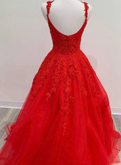 Straps Square Tulle Red Long Prom Dresses with Appliqued Beaded Formal Dress