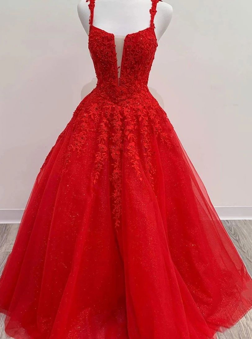 Straps Square Tulle Red Long Prom Dresses with Appliqued Beaded Formal Dress