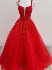 Straps Square Tulle Red Long Prom Dresses with Appliqued Beaded Formal Dress