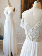 Off-Shoulder Lace Back Long Prom Dresses, Simple Chiffon Wedding Evening Dresses