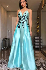 A-Line V-Neck Long Prom Dresses, Spaghetti Straps Formal Dress