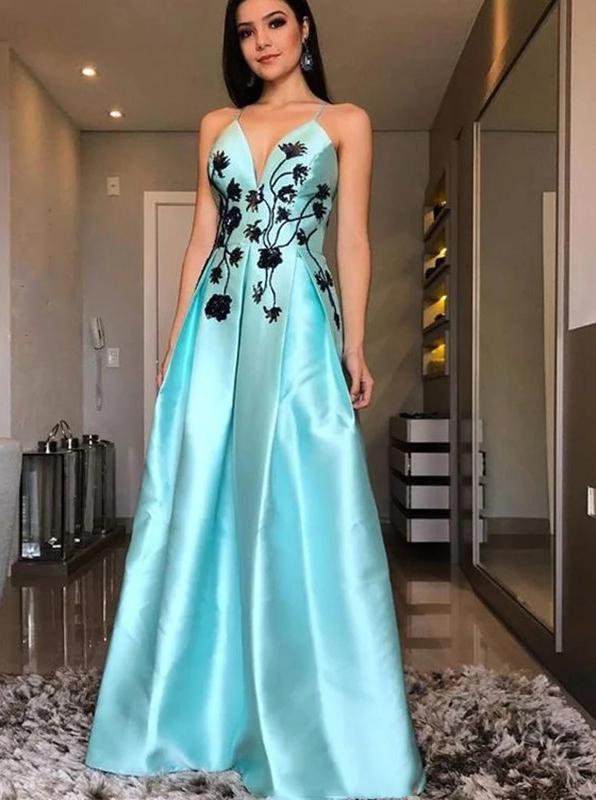 A-Line V-Neck Long Prom Dresses, Spaghetti Straps Formal Dress