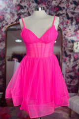 New Short A-Line V-Neck Hot Pink Tulle Homecoming Dresses