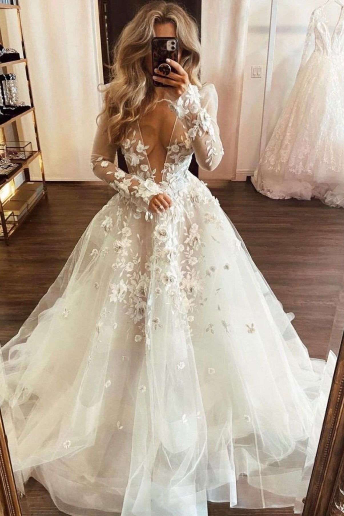 Beautiful Lace Applique Long Sleeve V-Neck Sheer Boho Wedding Dress