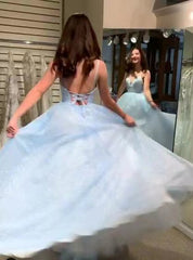 Sparkly A-Line Spaghetti Straps Light Blue Long Prom Dresses