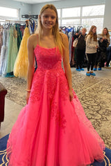 Hot Pink Tulle Lace Applique Long Prom Dresses, A-Line Graduation Gown