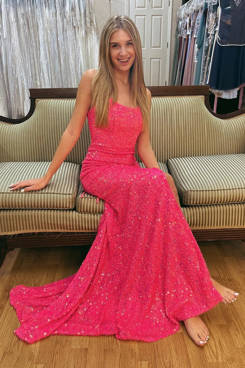 Charm Hot Pink Sequins Mermaid Prom Dress, Lace-Up Back Evening Gown