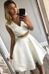 V-Neck Two Piece Ivory Short Prom Dresses, Cap Sleeves Party Dress